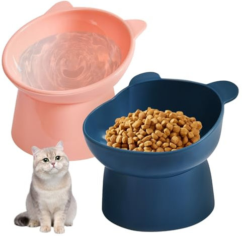 Lot de 2 gamelles pour chat et eau 2 en 1, surélevées, avec support, anti-vomissements, pour chat (bleu foncé + rose)