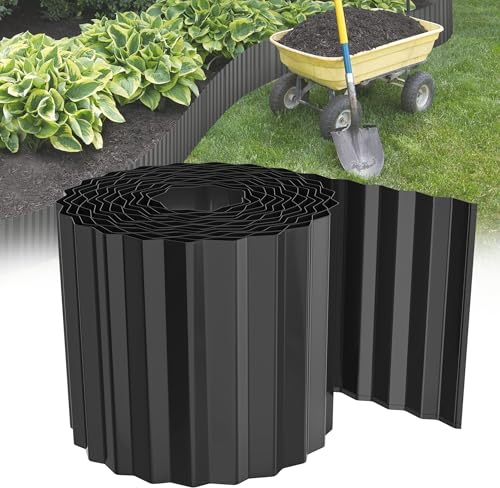 HENGMEI Rasenkante 5m Beetbegrenzung aus Metall Beeteinfassung Beetumrandung Verzinkt Rasenbleche Mähkante Flexible Rasen Umrandung, 15cm Hoch, Schwarz