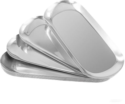 JIEHIN 10 bandejas de metal ovaladas plateadas, 18 x 8,5 cm, de acero inoxidable, para decoración, para joyas, velas, decoración