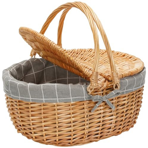 BIRDSINYARD Weide Picknickkorb mit Deckel, Weidenkorb mit Henkel und & Liner, Handgefertigtes Einkaufskorb Geflochten Wicker Picknick Korb für 2 Personen für Einkaufspicknick (GrauKaro)