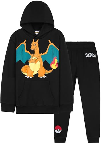 Pokémon Tuta Bambino e Adolescenti, 2 Pz Comodo Felpa con Cappuccio e Pantaloni Tuta Bambino, Anime Regalo Ragazzo (11-12 Anni, Nero Charizard)