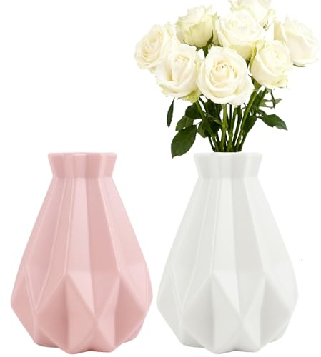 Fyfjur Vase Kunststoff, 2 Stück Blumenvase Modern, Kreative Vasen für Wohnzimmer, Büro, Hochzeitsdekoration (20 x 14 cm, Weiß, Rosa)
