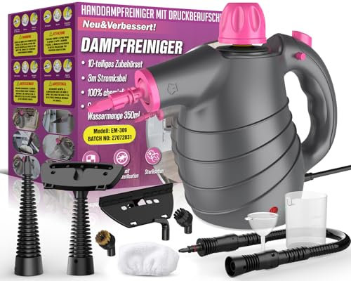 Dampfreiniger, Dampfreiniger Handgerät 10 Zubehör 1050 W 3,5 bar Dampfdruck 3 Minuten Heizzeit 450ml, Hand Dampfreiniger Boden für Polstermöbel Sofa Fenster Auto Fliesen Teppich