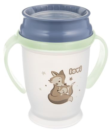 LOVI 360° Trinklernbecher Night&Day, Leuchtet im Dunkeln, Trinken wie aus einem Glas, ohne Verschütten, Antibakterieller Mundstückschutz, Ergonomische Griffe (Fox Blau)