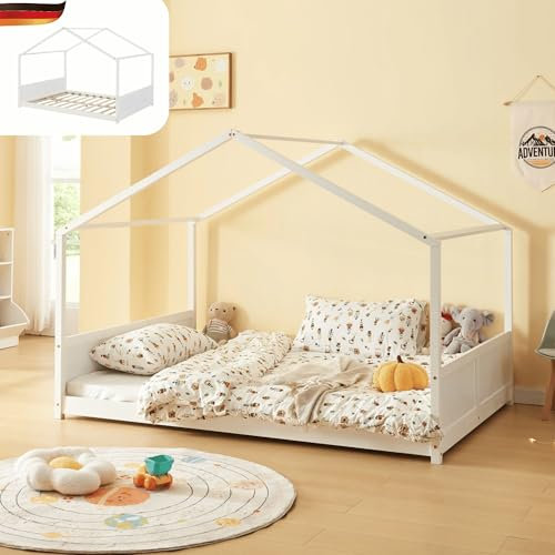 DELUKE® Kinderbett 120x200 DAKO - Inkl. Lattenrost | Haus-Optik, Kiefernholz | Einzelbett aus Holz Hausbett Kinderzimmer Bodenbett Montessori Bett, Weiß