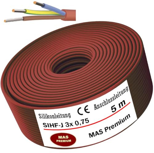 MAS Premium 5-250m Silikonkabel Anschlussleitung Silikonleitung Saunakabel SIHF-J 3x 0,75 1 1,5 2,5 4 6 fein drahtiger Flexibel für Geräte an denen hohe Temperatureinwirkungen (SIHF-J 3x 0,75, 5m)