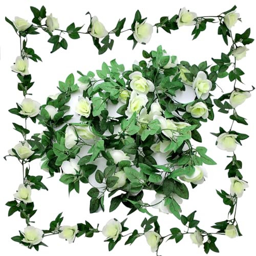 Aimeke 2 × 2,3 m Rosengirlande Weiß Blumengirlande Künstliche Blumen Girlande Kunstblumen Deko Hängende Rosen Girlanden für Hochzeit Garten ZäUne Party Blumenwand Deko