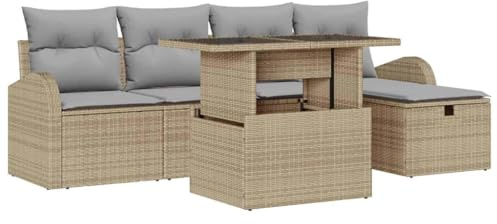 vidaXL Garten-Sofa-Set mit Kissen mit Speicher 6 pcs Beige Poly Rattan, Garten und Terrasse, modernes Möbelset, höhenverstellbare Füße, relaxe im Freien, vielseitige Sitzgruppe, Patio-Einheit
