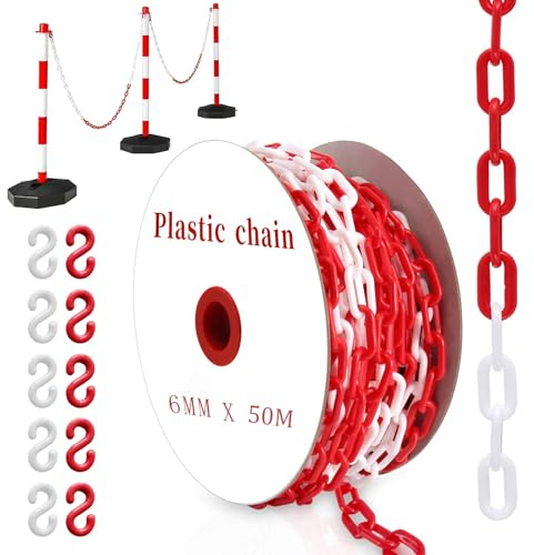 YUJUVI Absperrkette Kunststoffkette 50M Warnkette 6mm Plastikkette | Kunststoff kette mit 10 S Haken Absperrkette Rot Weiß kunststoff für Barrieren in Auffahrten zum Absperren, Auftragspflege