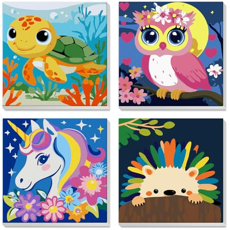 4 Pcs Peinture par Numero Enfant 7 8 9 10 avec Cadre, Tortue, hibou, licorne, hérisson, Peinture sur Toile Acrylique avec Pinceaux, Débutant Adulte Enfant, Décoration Murale Salon Chambre 20x20cm