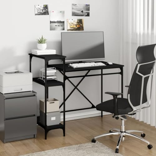 QJBSAVVA Schreibtisch Schwarz 105x50x90 cm Holzwerkstoff & Eisen Industrie-Design Büro-Arbeitstisch mit 3 Stauraum-Ablagen Modern & Robust für Home-Office Gamer Jugendzimmer Wohnzimmer
