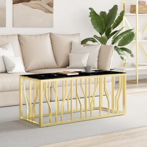 CongVVFV Couchtisch Golden 110x45x45 cm mit Edelstahlgestell und Glasplatte in Marmoroptik, robuster Akzenttisch fürs Wohnzimmer, modernes Design, pflegeleicht und stabil