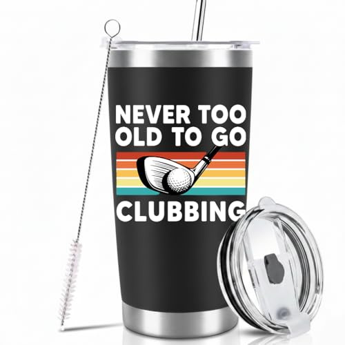 Posoto Golf Gifts for Men - 20oz Insulated Stainless Steel Coffee Tumbler - Birthday Presents for Dad Husband Golfing Fans with Never Too Old to Go Clubbing Pun