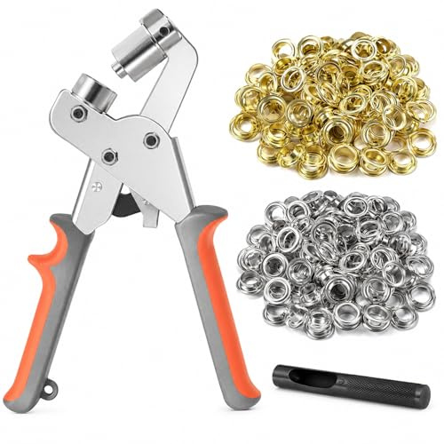 GOOGO Grommet Tool Kit, 10mm Eyelet Pliers and Hole Punch Tool with 300 Gold and Silver Grommets, Eyelet Punch Kit for Leather, Tarpaulin, Curtains, Banners, Home Decoration and DIY Repairs (Grey)