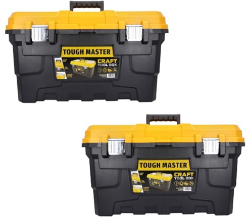 TOUGH MASTER 22 Heavy Duty Tool Storage Box large Capacity with Removable Tote Tray Handle &Compartment Organiser Waterproof for Power Tools, Hand Tools, Fixings (Twin Pack)