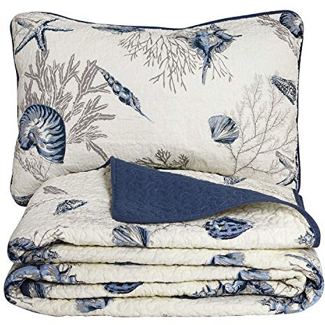 USTIDE 3-Piece Nautical Bedding Set Cotton Bedspread Blue Ocean SeaShells Comforter Set for Double Size Bed