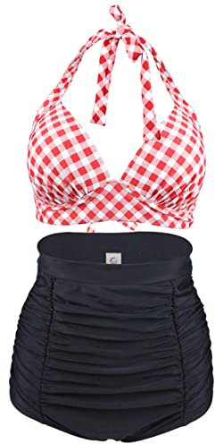 Viloree Femme Retro Taille Haute Maillot de Bain Deux Pièces Ensembles Deux pièces Contrôle du Ventre Halter Bikini Set Rouge & Blanc L