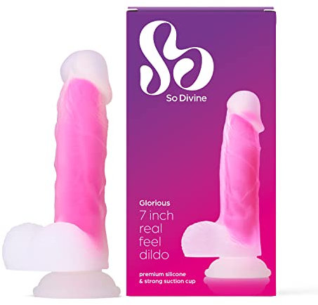 So Divine Glorious 7 Inch Real Skin Feel Soft Body Safe Silicone Dildo. Ribbed Shaft & Swollen Head Suction Cup Dildo for Hands Free Play. Strap-on & Harness Compatible. Perfect for Men Or Women Pink