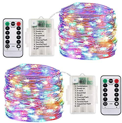 ooklee Fairy Lights Battery Operated, [2 Pack] 10M 100 LED Outdoor Waterproof String Lights, 8 Modes Remote Timmer Rainbow Twinkle Copper Wire Lighting for Home Gazebo Christmas Decor(Multi Colour)