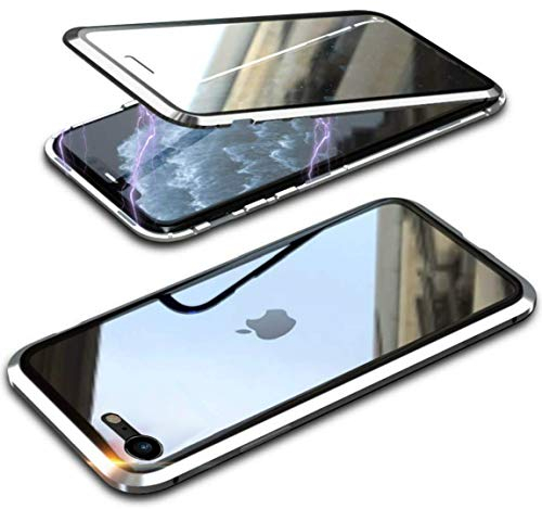 Hülle für iPhone SE 2022/iPhone SE 2020/iPhone 8 4.7'', Magnetische Handyhülle 360 Grad Full Body Vorne hinten Gehärtetes Glas Schutzhülle Einteiliges Ultra Dünn Flip Transparente Cover,Silber