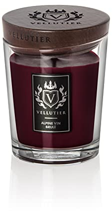 Vellutier Duftkerze Alpine Vin Brulé, Kerze im Glas, Spezialrezeptur aus Samtigen Wachs, Verpackt in Hochwertigem Glas mit einem Holzdeckel, Nelke- und Glühwein-Aroma, 11,5 x 9 cm, Mittel, 225g