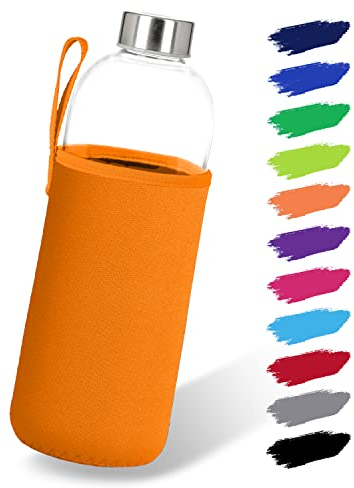 NOMA Glasflasche 1 Liter mit Neoprenhülle | Trinkflasche aus Glas in 500ml, 600ml & 1000ml mit Schutzhülle und Edelstahldeckel | Wasserflasche für Sport, Büro, Schule & Outdoor | Orange
