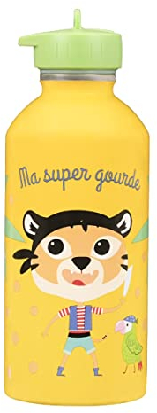 DRAEGER PARIS 1886 - Gourde Enfant Acier Inoxydable 300ml - Facile à Nettoyer & Réutilisable - Design Coloré & Durable - Pour Parc, École, Sport - Jaune avec Message Ma Super Gourde - 17x6,5cm