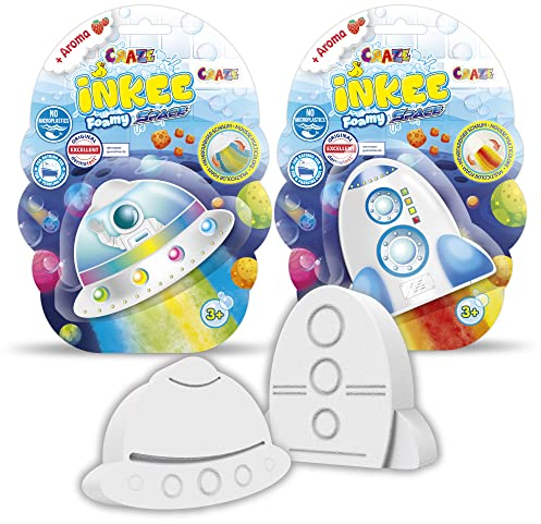 INKEE FOAMY SPACE | 2er Pack Kinder Badebomben mit Erdbeer-Duft, Badekugeln im Rakete oder Raumschiff Form, mehrfarbigen Schaum