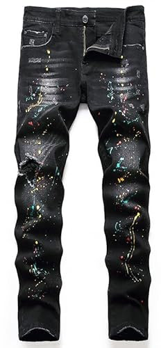 SUYGGCK Jeans Men Men Black Slim Ripped Jeans Trend Paint Splatter Jeans-Black,31