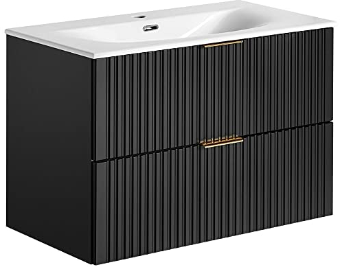 Lomadox Waschtischunterschrank mit Waschbecken 80cm ADELAIDE-56 in matt schwarz mit gerillter Front, B/H/T ca. 81/58,5/46 cm