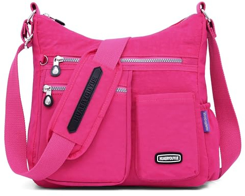 DIRRONA Bolso Bandolera Mujer, Bolso de Mano de Nylon Ligero con Correa Ajustable y Diseño de Múltiples Bolsillos, Bolso Mediano para Viajes, Compras, Trabajo y Uso Diario Fucsia Vivo