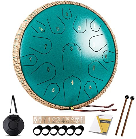 Steel Tongue Drum - HOPWELL 15 Note 14 Inch - Percussion Instrument - Hand Pan Drums with Music Book, Drum Mallets and Carry Bag, D Major, Malachite Green