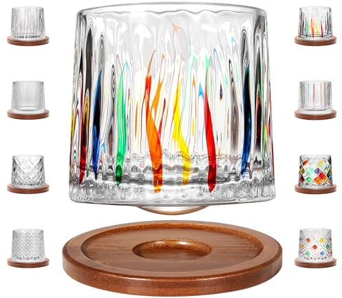 Uten Rotatable Old Fashioned Crystal Whiskey Glass, 275ml/10oz, Wood Coaster, Thickening, for Rum, Cocktails, Coffee, Milk - Relax and Reduce Stress - 1 Piece, U-X1900