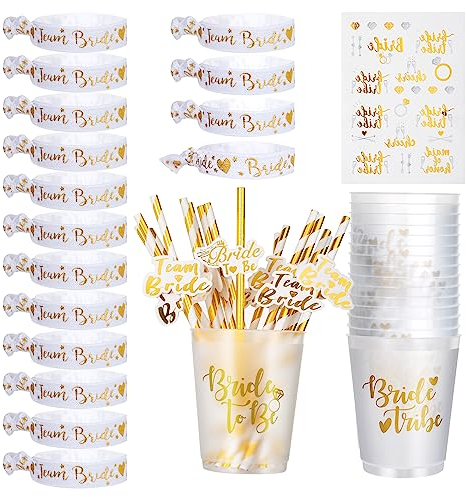 16 Pcs Gobelet EVJF Bachelorette Party Accessoires Kit Pour Femmes, Or Bride Tribe Tasses en Plastique Avec Paille, Equipe Bracelets Bride To be Tatouage Pour la Fête Enterrement de Vie de Jeune Fille