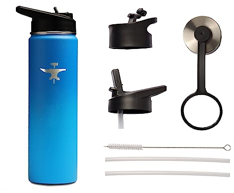 BodyForge Sports Water Bottle - 22oz, 3 Lids & Straw Lid, Leak Proof Stainless Steel Gym & Sport Bottles for Men, Women & Kids - Double Walled, Insulated Thermos, Metal Canteen (Blue/Light Blue)