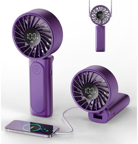 Ventilatore a mano, mini ventilatore portatile da 4000 mAh, display a LED con 6 livelli di velocità, ventilatore pieghevole a 180° per casa, ufficio, viaggi, attività all'aperto e camera da letto