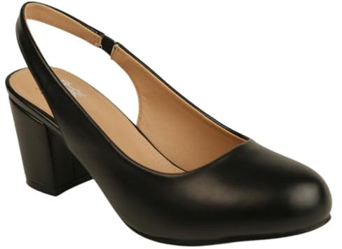 Womens Mid High Block Heels Slingback Strap Court Shoes Mary Jane Ladies Comfort Work Pumps Formal Smart Office Low Heeled Strappy Slip On Dolly Wide Fit Shoes Black Faux Leather