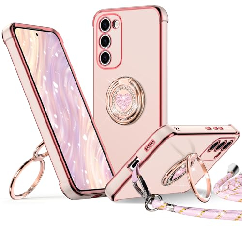 XYZ for Samsung Galaxy S23 Case with Stand, S23 Phone Case with Lanyard for Women Girls, Double Ring Bling Luxury Heart Protective Phone Case, Pink