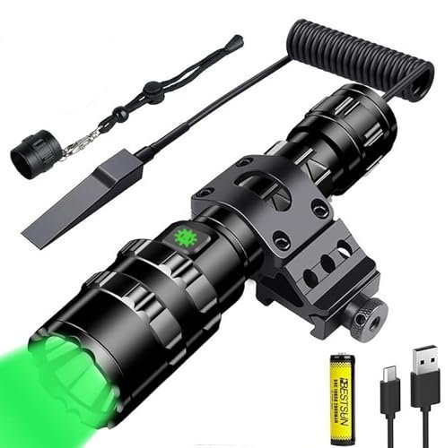 BESTSUN Torcia tattica con supporto ferroviario, torcia LED a luce verde ricaricabile 12000 lumen, luce di caccia super luminosa 5 modalità Impermeabile Interruttore di pressione della