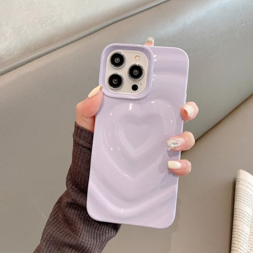 FIFTHAVE Coque de protection pour iPhone 14, 3D, en silicone TPU, souple, anti-chocs, motif cœur d'amour, vague ondulée, 6,1'', violet