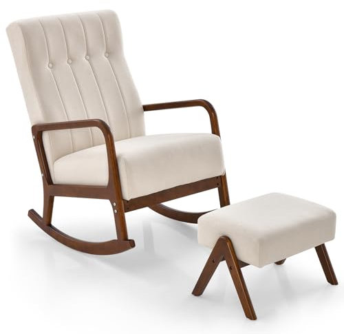 GIANTEX Fauteuil à bascule ergonomique avec repose-pieds avec dossier rembourré et accoudoirs incurvés, structure en bois pour salon, chambre à coucher (beige)
