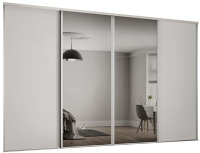 SPACEPRO Heritage Sliding Door Wardrobe with Mirror (BSEN12600) & Panel Doors, 4 Door Mirror Sliding Wardrobe Kit with Modern Dove Grey Finish Bedroom Storage, Ideal for 2260mm x 2370mm opening