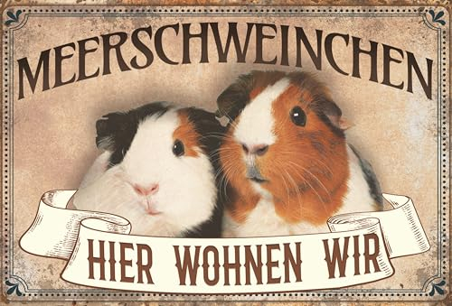 Wetterfestes lustiges Blechschild mit Meerschweinchen - Hier wohnen wir - Deko Haustier Schild - 30 x 20 cm