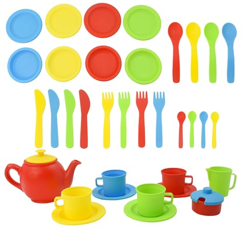 Juego de Té de 35 Piezas para Niños Pequeños, Hyacinthy Juego de Plástico para Pretender Jugar con Utensilios de Cocina, Juego de Platos de Picnic, Regalos de Juego de rol para 3 4 5 Años de Edad