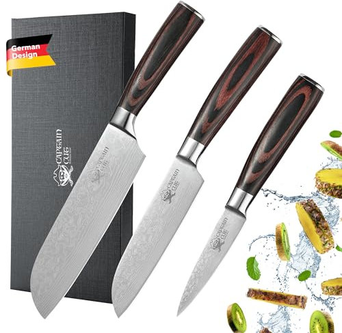Captain Cut 3 teiliges Messer Set I Küchenmesser Set mit scharfen Klingen von 17 bis 9 cm Länge I Hochwertiger Edelstahl mit Damastmuster und Pakkaholzgriff I Scharf und langlebig in Geschenkbox