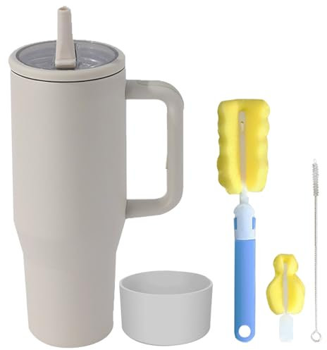 Longiang 40oz Edelstahl Thermobecher mit Henkel, Auslaufsicher Trinkbecher mit Deckel und Strohhalm, Doppelwandige Thermo Trinkflasche mit Strohhalm für Heiße und Kalte Getränke (Beige)