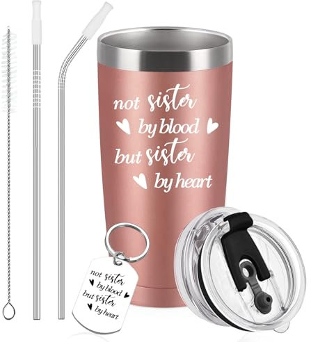 Diztoud Geschenke für Beste Freundin, Schwester Weihnachtsgeschenke, Not Sister By Blood But Sister By Heart, 20oz 600ml Doppelwandig Edelstahl Kaffeebecher mit Deckel und Strohhalm Schlüsselanhänger