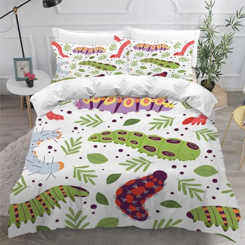 ARiXIaNg Raupe Bettwäsche 135x200 Kinder Jungen Mädchen Kawaii Tiere Bettwäsche-Set mit Reißverschluss Weiche Mikrofaser Bettbezug 3D Druck Bettbezüge mit 2 Kissenbezug 80x80