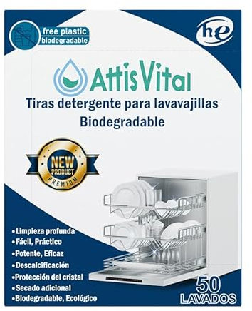 AttisVital Tiras de Detergente Biodegradables para Lavavajillas - Sin Plásticos, Eficaces contra Grasa y Residuos (50 Lavados) Compatibles con Todos los Lavavajillas