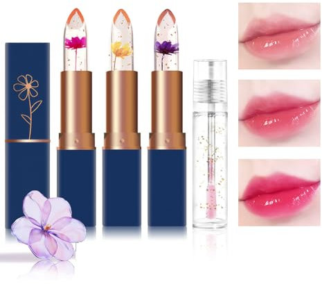Getervb 3 Stück Flower Jelly Lippenstift Set Magic Temperature Farbwechsel Blumengelee Lippenstift Langanhaltend Lip Gloss Lippenbalsam Glossy Kosmetik (4PCS Set A, one size)
